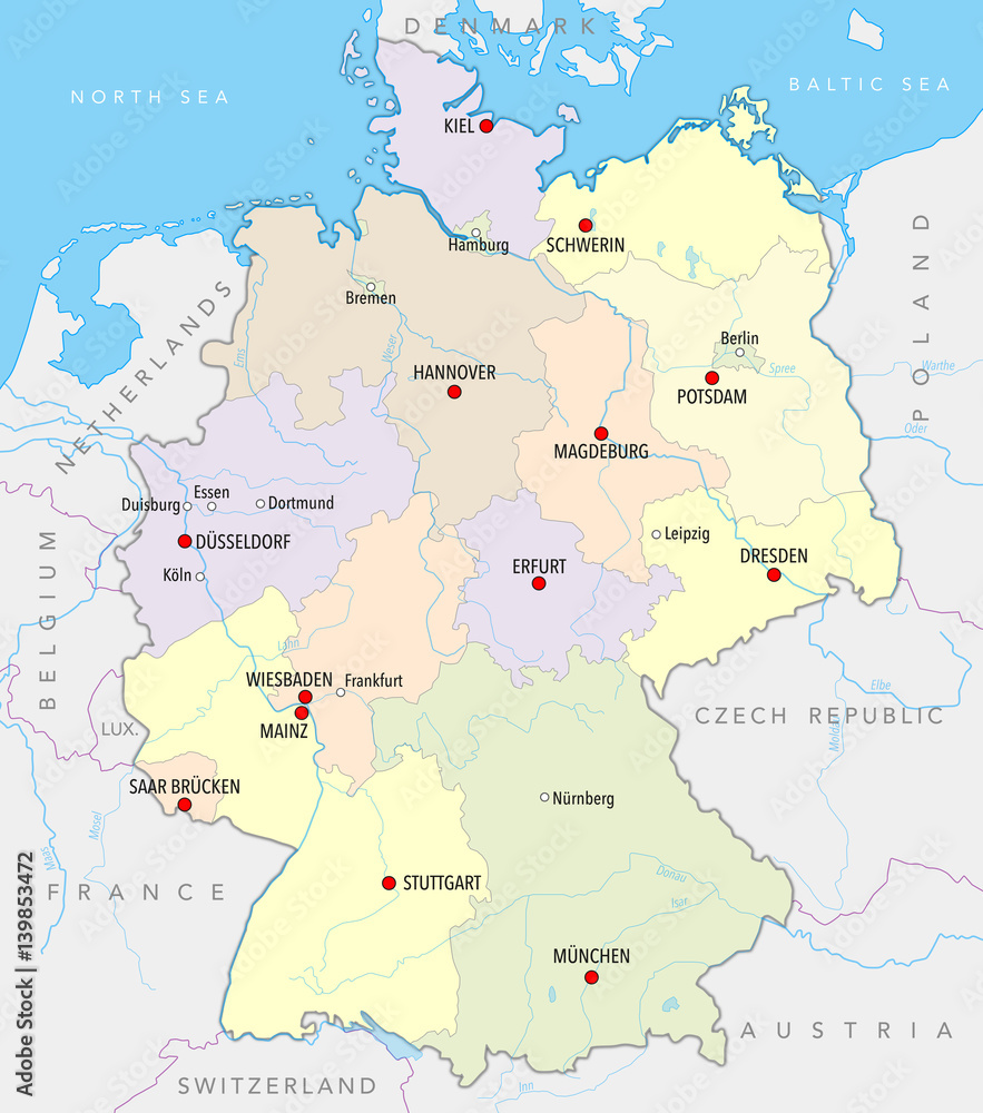 Map of Germany with main cities, provinces and rivers in pastel colors