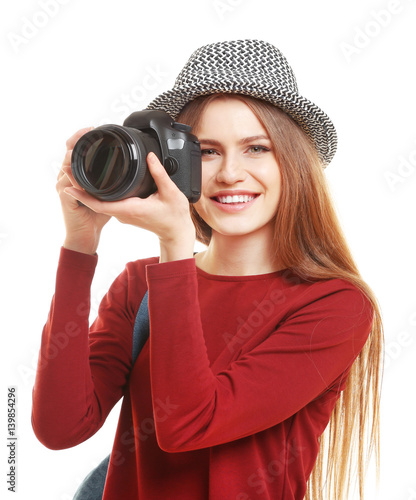 Beautiful female tourist wi...