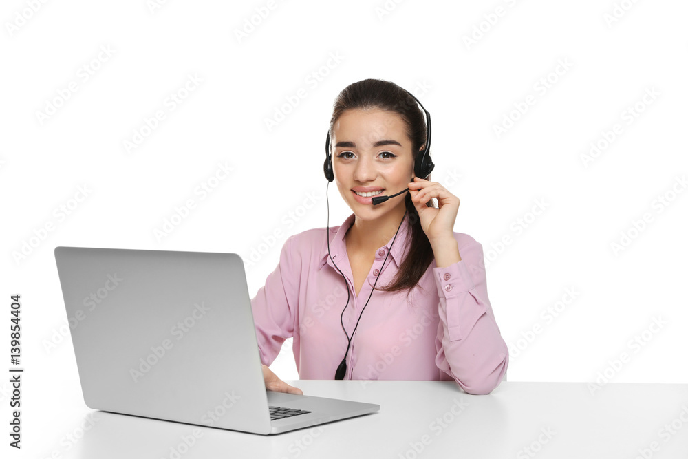 Pretty technical support dispatcher working with laptop, on white background Pretty technical support dispatcher working with laptop, on white background
