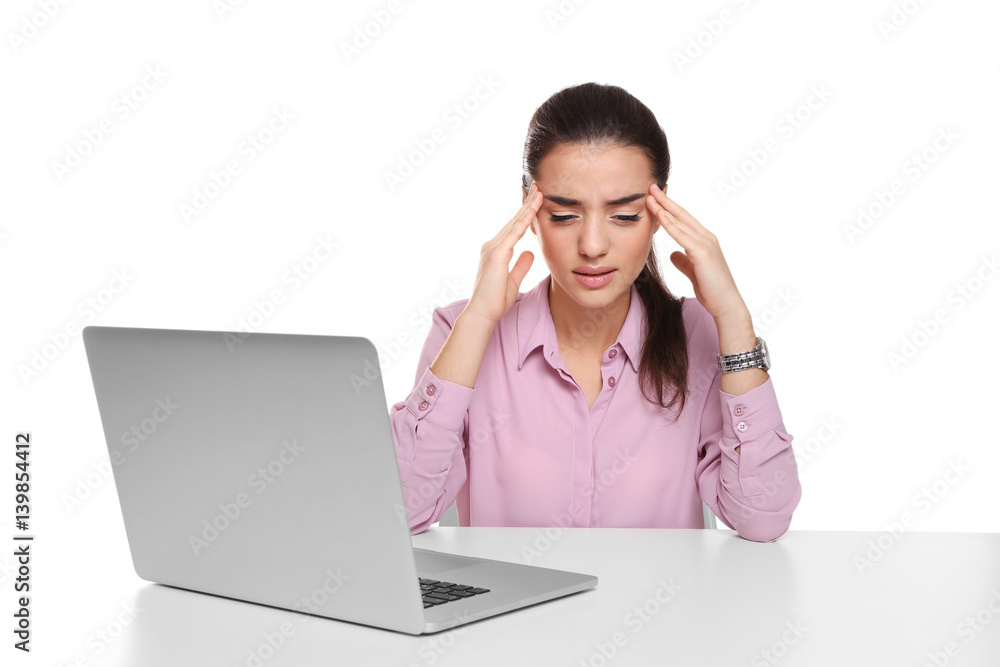 Young woman tired of working with laptop, on white background Young woman tired of working with laptop, on white background