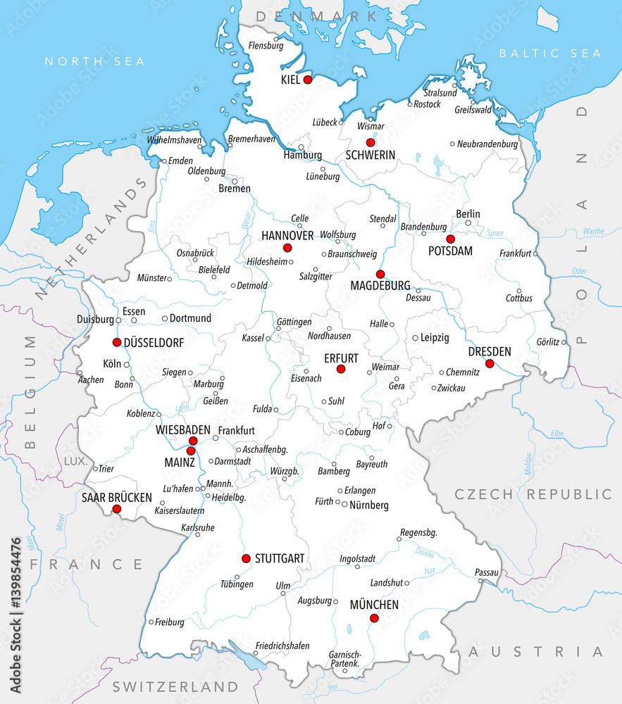 Map of Germany with cities, provinces and rivers in bright colors