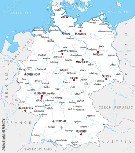 Map of Germany with cities, provinces and rivers in bright colors