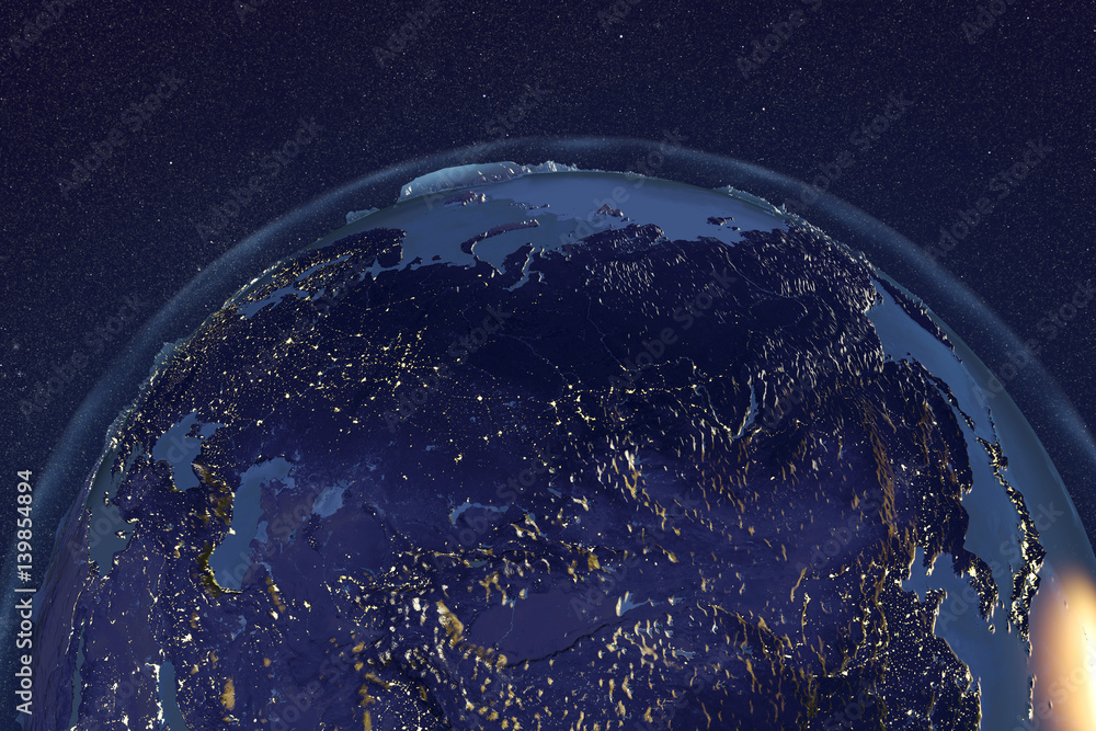 Planet Earth from space showing Russia in night with enhanced bump, 3D illustration, Elements of this image furnished by NASA