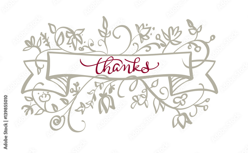 Thanks text with frame flourish of vintage decorative whorls . Calligraphy lettering Vector illustration EPS10