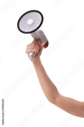 Male hand holding megaphone on white background