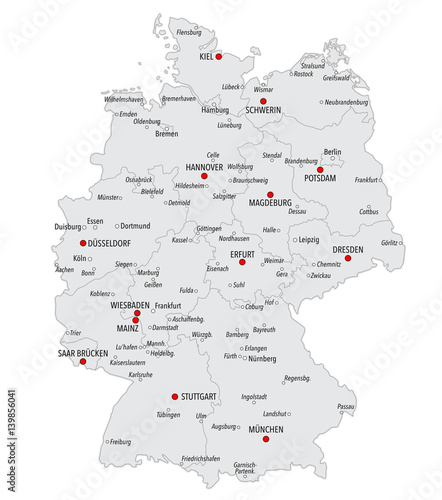Map of Germany with cities and provinces in gray color