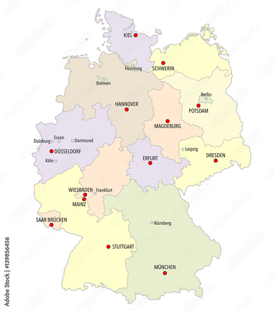 Map of Germany with main cities and provinces in pastel colors