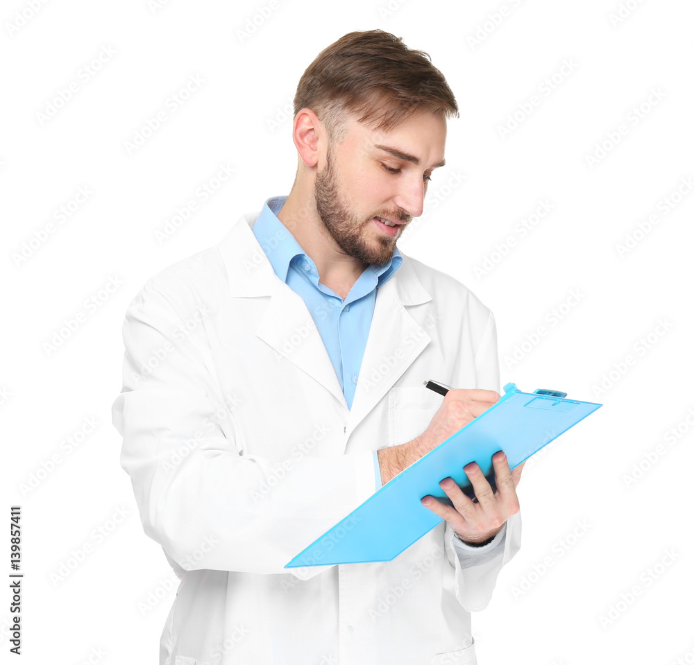 Handsome doctor with blue clipboard on white background Handsome doctor with blue clipboard on white background