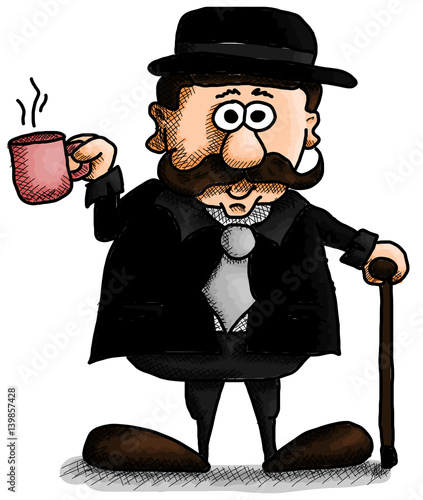 Typical smiling English man with cup of tea in black traditional suit with hat and staff.
