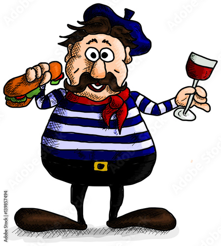 Typical smiling French man with wine and baguette in shirt with white and blue stripes, beret and red scarf.