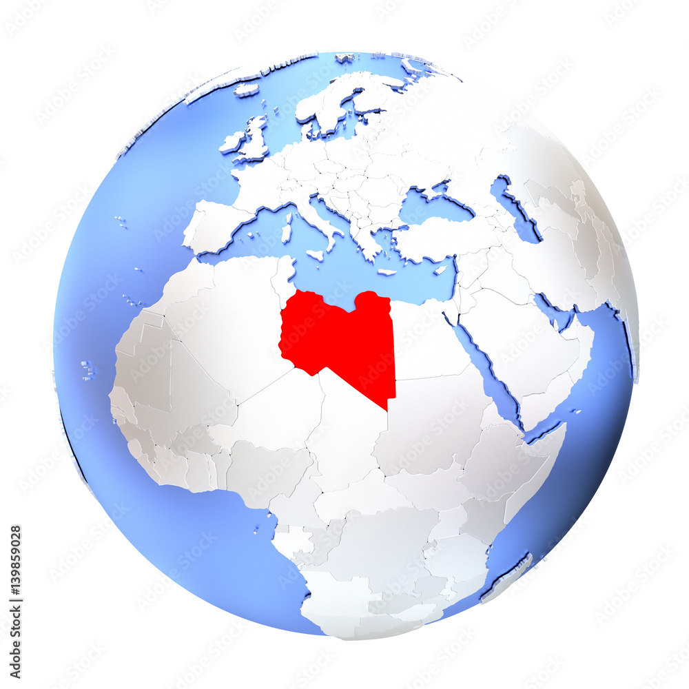 Libya on metallic globe isolated