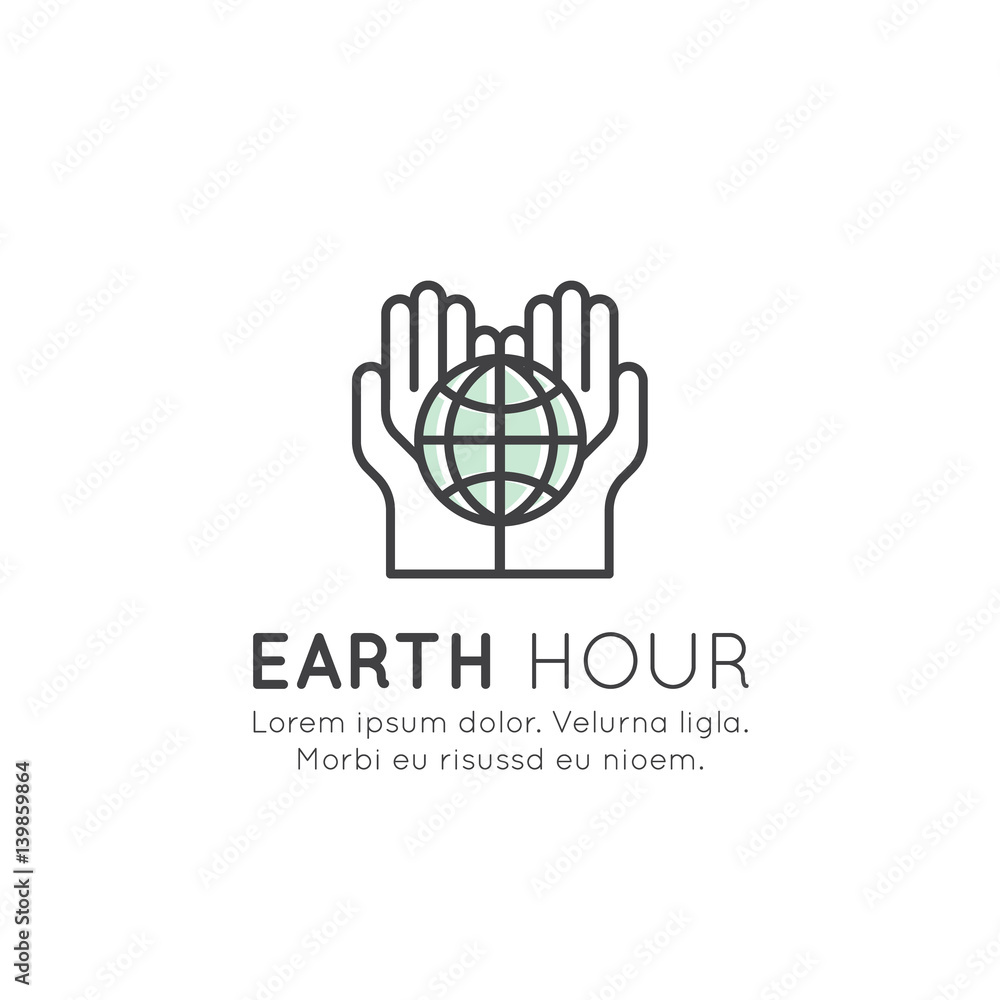 Obraz premium Vector Icon Style Illustration Logo of Earth Hour, Save the Planet Banner, Green ECO Energy, Recycling and Energy saving, Isolated Badge