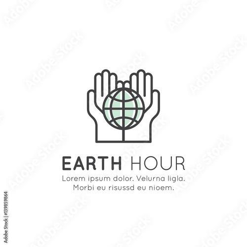 Vector Icon Style Illustration Logo of Earth Hour, Save the Planet Banner, Green ECO Energy, Recycling and Energy saving, Isolated Badge