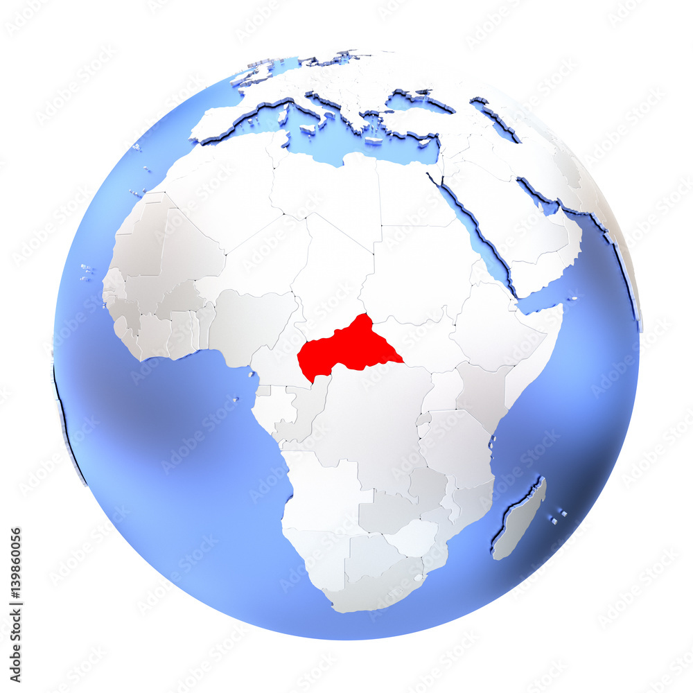 Central Africa on metallic globe isolated