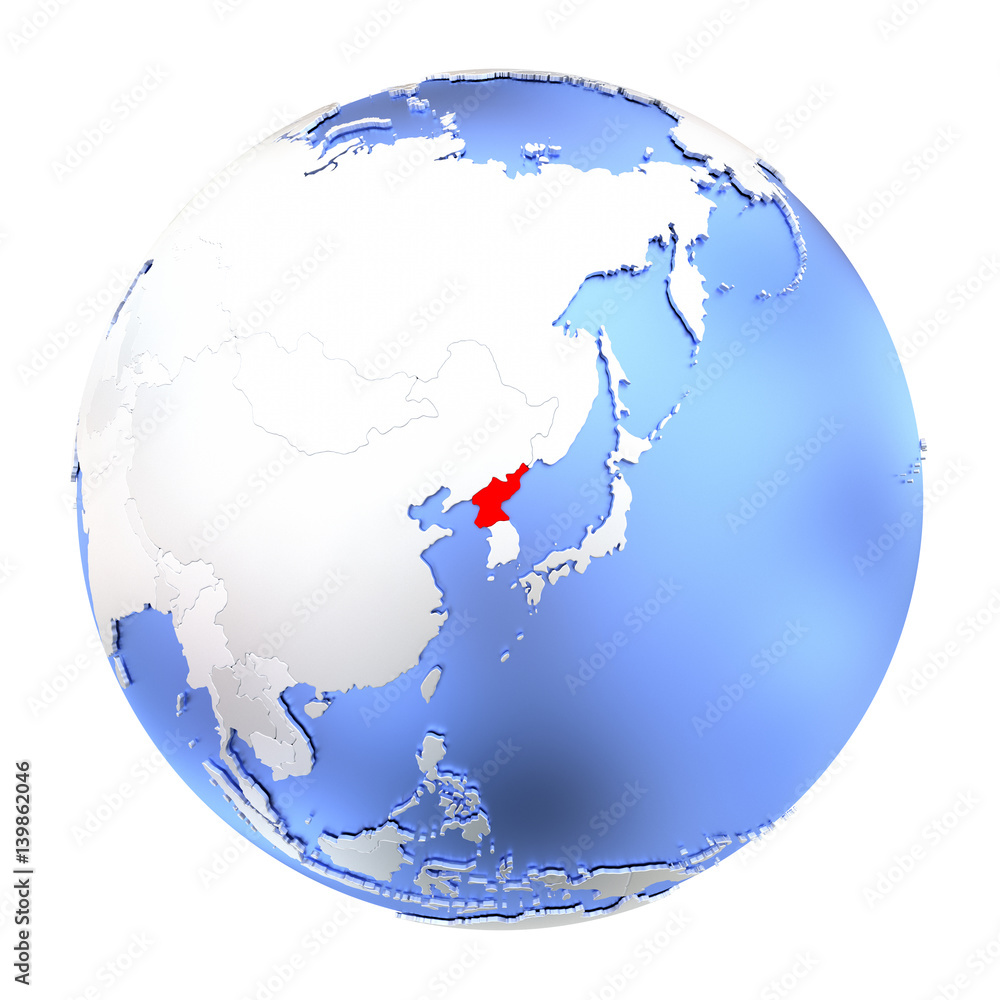 North Korea on metallic globe isolated