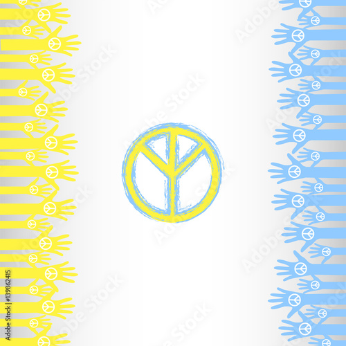 Sign of Peace and Hands in Yellow and Blue Color. Vector Illustration.