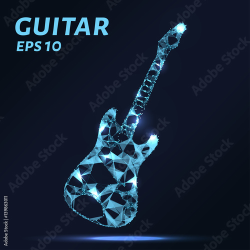 The guitar is composed of points, lines and triangles. The polygon shape in the form of a silhouette of a guitar on a dark background. Vector illustration. Graphic concept guitar