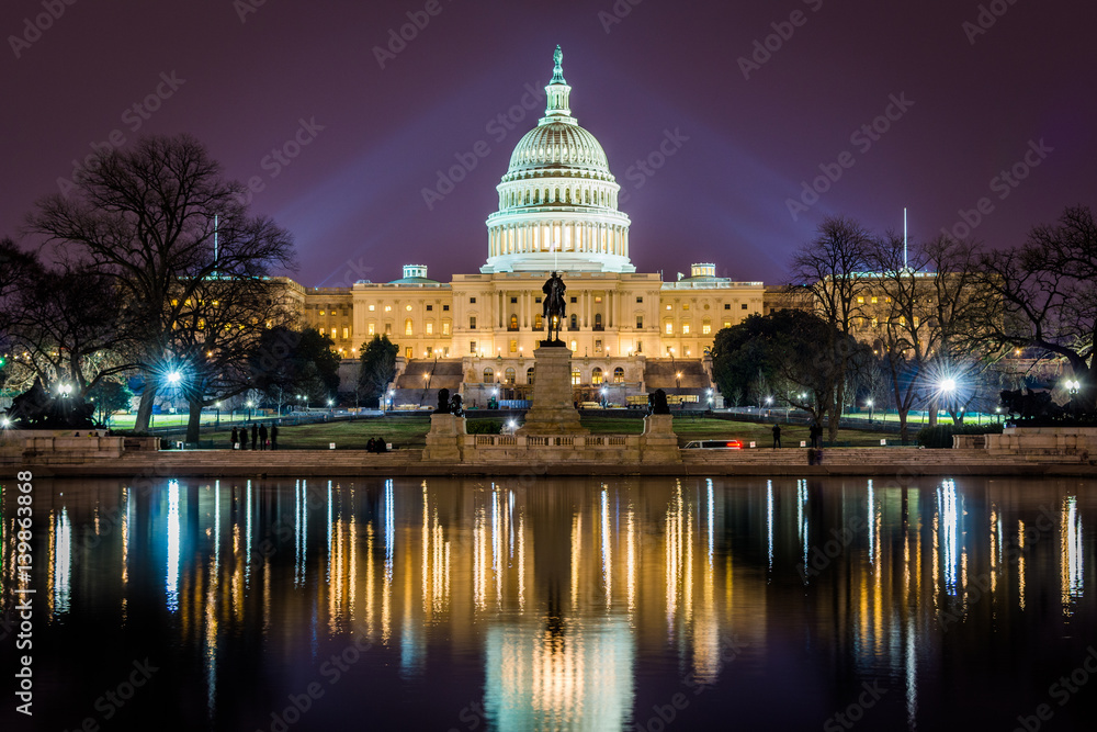 Capitol Building at Night in District of Columbia with Reflection