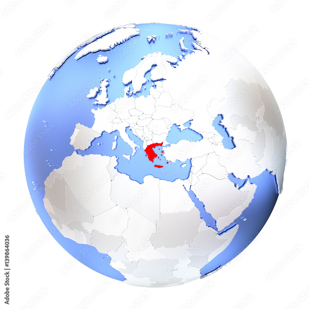 Greece on metallic globe isolated