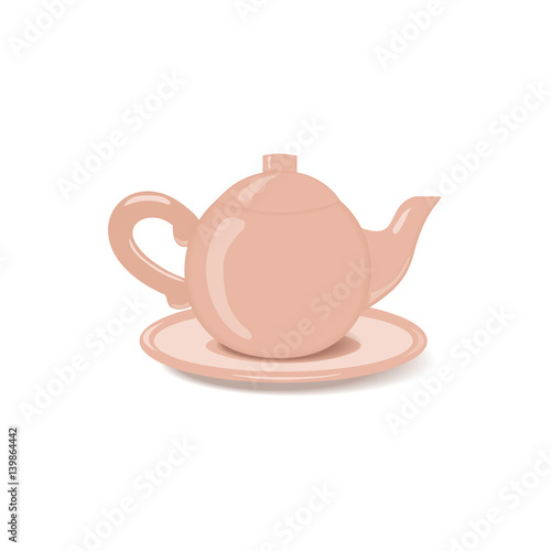 Ceramic teapot icon. Porcelain teakettle of classic shape with saucer isolated on white. Freehand drawn cartoon style. Teatime accessories concept. Tableware for tea drink. Vector element background