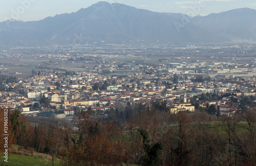 panorama of a small town in northern Italy with a background of