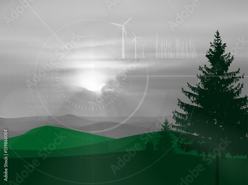 Eco banner. Renewable sources energy. Climate changing. Pine forest, mountain landscape in green and grey tones.