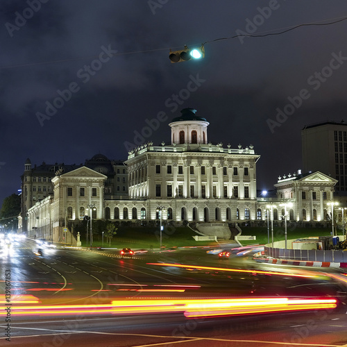 Moscow, Russia - September, 17, 2016: night landscape with the image of Ohotniy riad - the street in a center of Moscow, Russia and Pashkov house. There is Lenin library in this house now photo