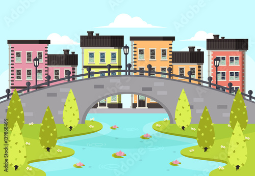 Spring City Landscape. Old Town by the River. Flat Design Style. 