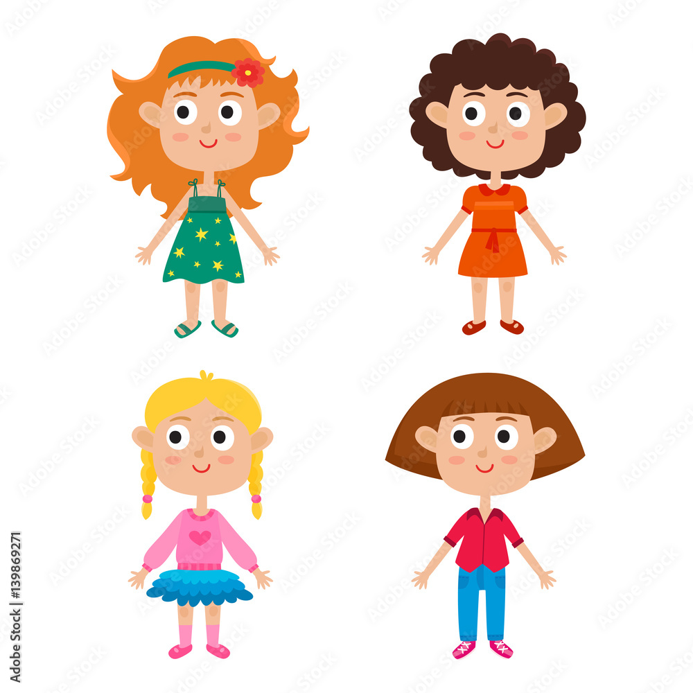 Cartoon girls isolated on white. Characters set of stylish kids. Cartoon girls isolated on white. Characters set of stylish kids.