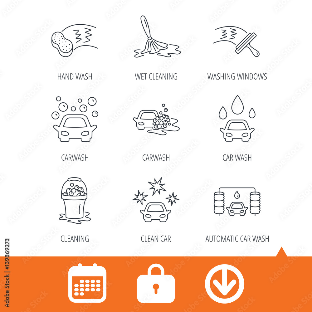 Car wash icons. Automatic cleaning station linear signs. Washing windows, sponge and foam bucket flat line icons. Download arrow, locker and calendar web icons. Vector