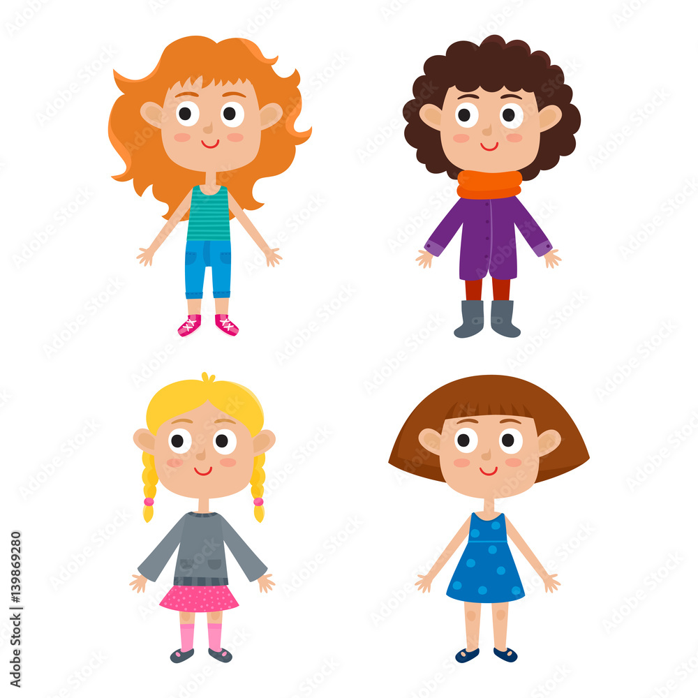 Cartoon girls isolated on white. Characters set of stylish kids. Cartoon girls isolated on white. Characters set of stylish kids.