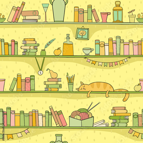 Books, cat and other things on shelves. Vector seamless pattern