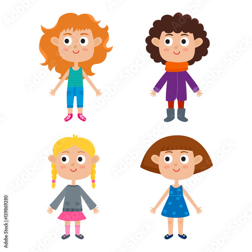 Cartoon girls isolated on white. Characters set of stylish kids.