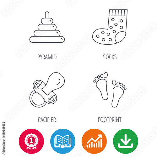 Footprint, pacifier and socks icons. Pyramid toy linear sign. Award medal, growth chart and opened book web icons. Download arrow. Vector