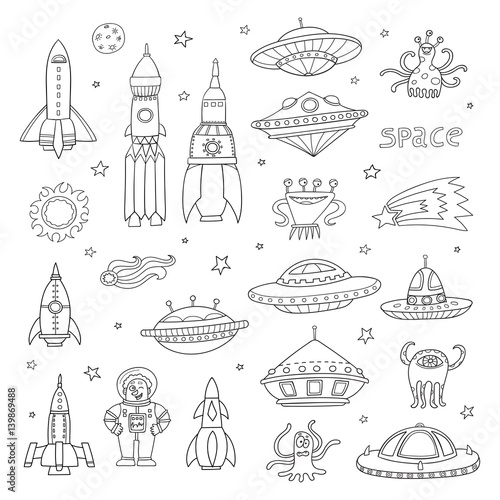 Vector set with cartoon space objects: ufo rockets, astronaut,