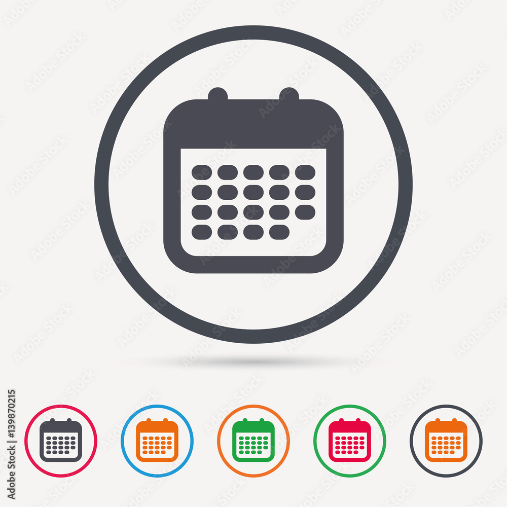 Calendar icon. Events reminder symbol. Round circle buttons. Colored flat web icons. Vector Calendar icon. Events reminder symbol. Round circle buttons. Colored flat web icons. Vector