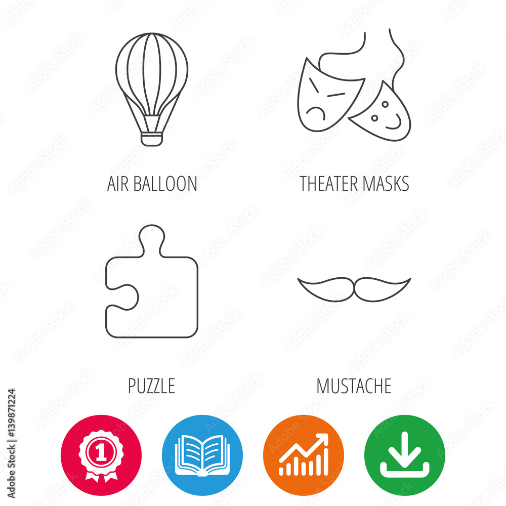 Puzzle, air balloon and theater masks. Mustache linear sign. Award medal, growth chart and opened book web icons. Download arrow. Vector