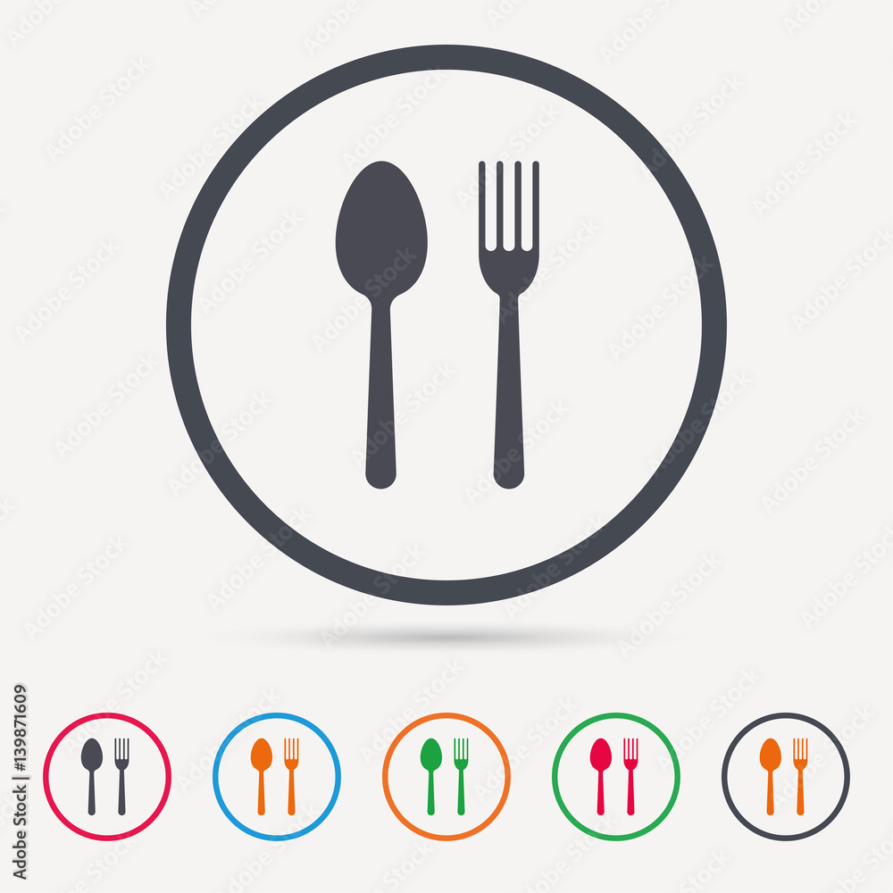 Food icons. Fork and spoon signs. Cutlery symbol. Round circle buttons. Colored flat web icons. Vector Food icons. Fork and spoon signs. Cutlery symbol. Round circle buttons. Colored flat web icons. Vector