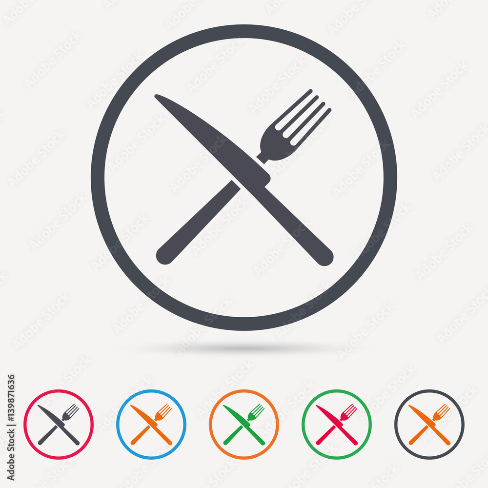 Fork and knife icons. Cutlery symbol. Round circle buttons. Colored flat web icons. Vector Fork and knife icons. Cutlery symbol. Round circle buttons. Colored flat web icons. Vector