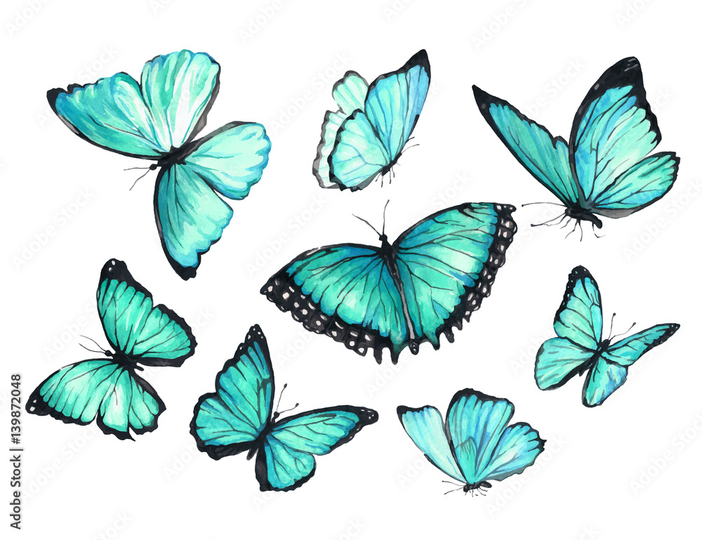 A set of flying turquoise butterflies. Watercolor illustration