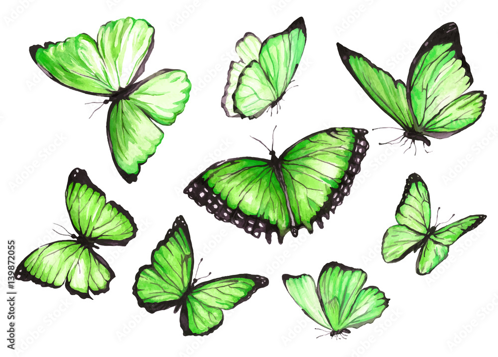 Many green butterflies. Watercolor illustration