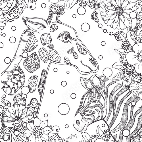 hand drawn ink doodle zebra and giraffe and flowers on white background. design for adults, poster, print, t-shirt, invitation, banners, flyers. sketch. vector eps 8.
