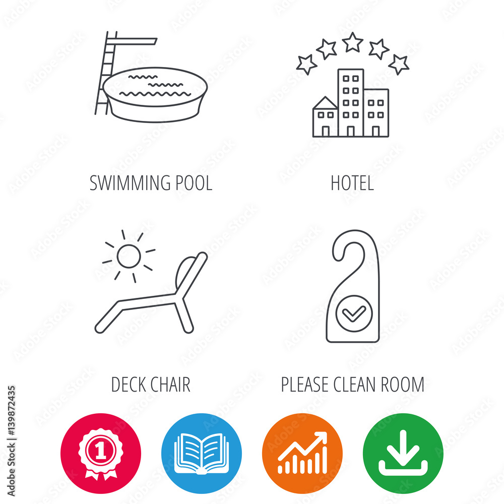 Hotel, swimming pool and beach deck chair icons. Clean room linear sign. Award medal, growth chart and opened book web icons. Download arrow. Vector