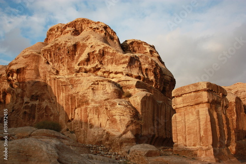 Djin blocks and Bab as Siq in ancient nabatean city of Petra in Jordan, Middle East
