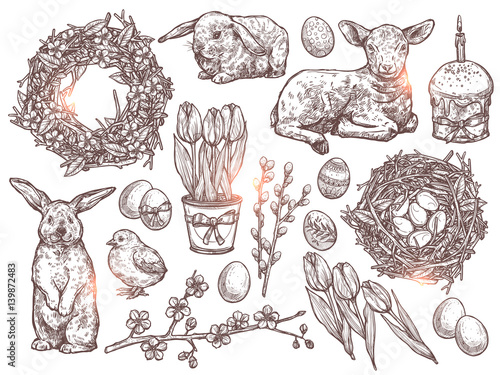 Hand Drawn Set Of Happy Easter Symbols And Signs. Sketch Holiday Bouquet With Tulips, Willows, Apple Blossom Branches, Nest With Eggs, Chicken, Rabbits, Baby Sheep, Easter Eggs, Easter Cake