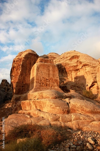 Djin blocks and Bab as Siq in ancient nabatean city of Petra in Jordan, Middle East