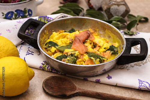 scrambled eggs with salmon and sage