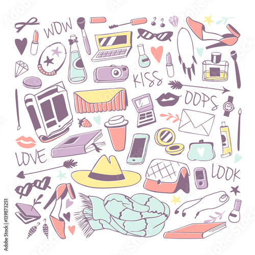 Girls fashion icons stickers vector illustration.