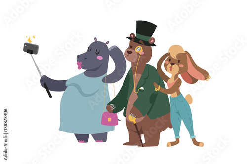 Funny picture photographer mamal person take selfie stick in his hand and cute animal taking a selfie together with smartphone camera vector illustration.