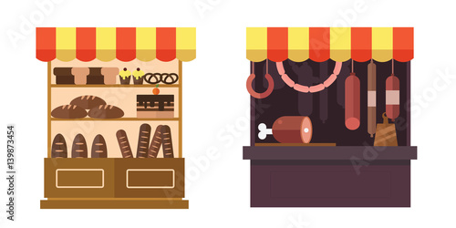 Fruit, vegetables, milk products, meat, bakery shop stall vector set